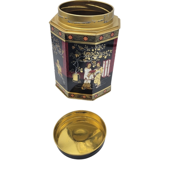 Vintage Oriental ASIAN GEISHA Style Tea Tin Storage Container Octagonal - Picture 8 of 14